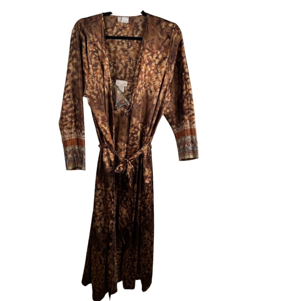 Vintage Inner Most Sears Peignoir Set Nightgown Robe Satin Brown Gold Size M